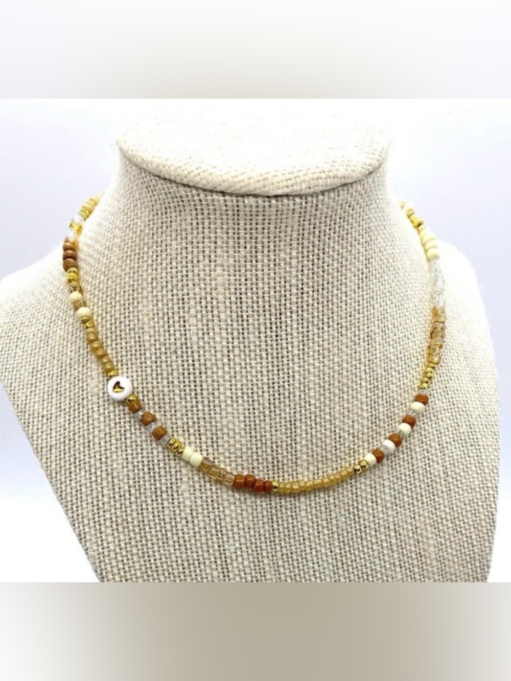 Tan Cream Gold Beaded Choker Necklace w/ Heart Charm Boho Y2K Festival Preppy